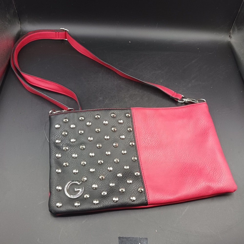 GUESS Womens Blk/Red Studded Shoulder bag VINTAGE Y2K PUNK Vegan Faux Leather